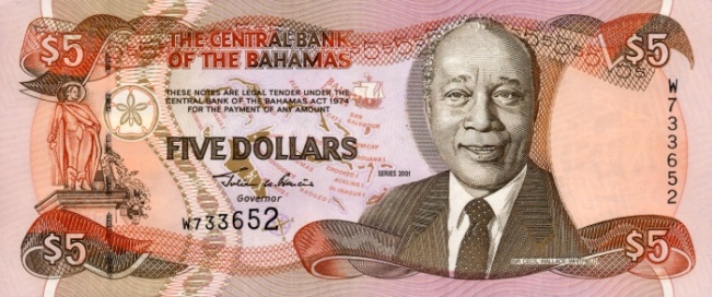 Купюра номиналом 5 багамских долларов, лицевая сторона